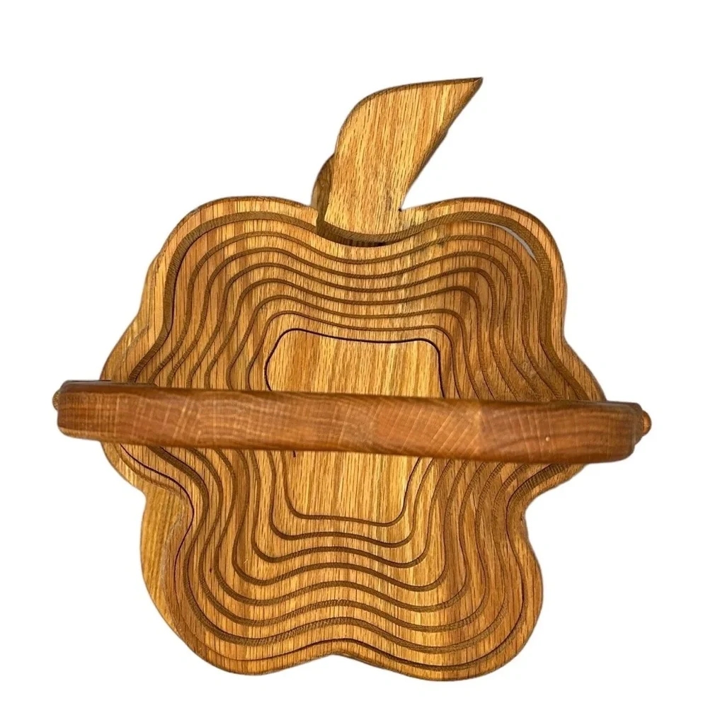 Wood Shamrock Hand Carved Collapsible Fruit Basket w Folding‎ Trivet Lucky Irish